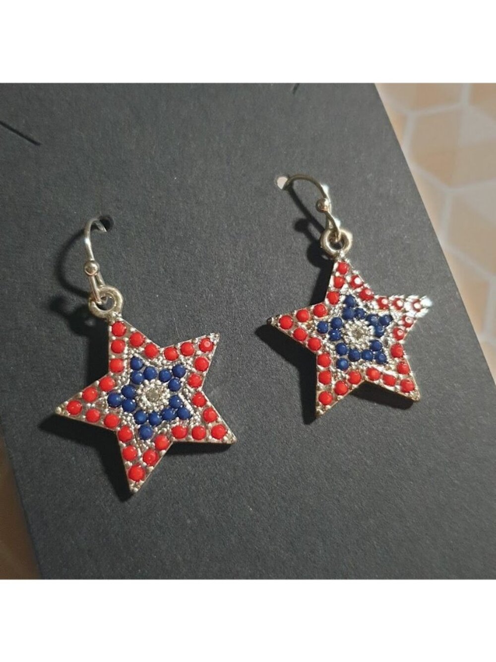 Star Drop Earrings Red Blue Rhinestone Patriotic Hook Back Dangle Holiday 4 July